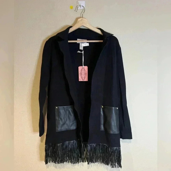 Oliver by Escio Longline Sweater Duster Faux Leather Pockets Fringes Black M - Picture 2 of 7